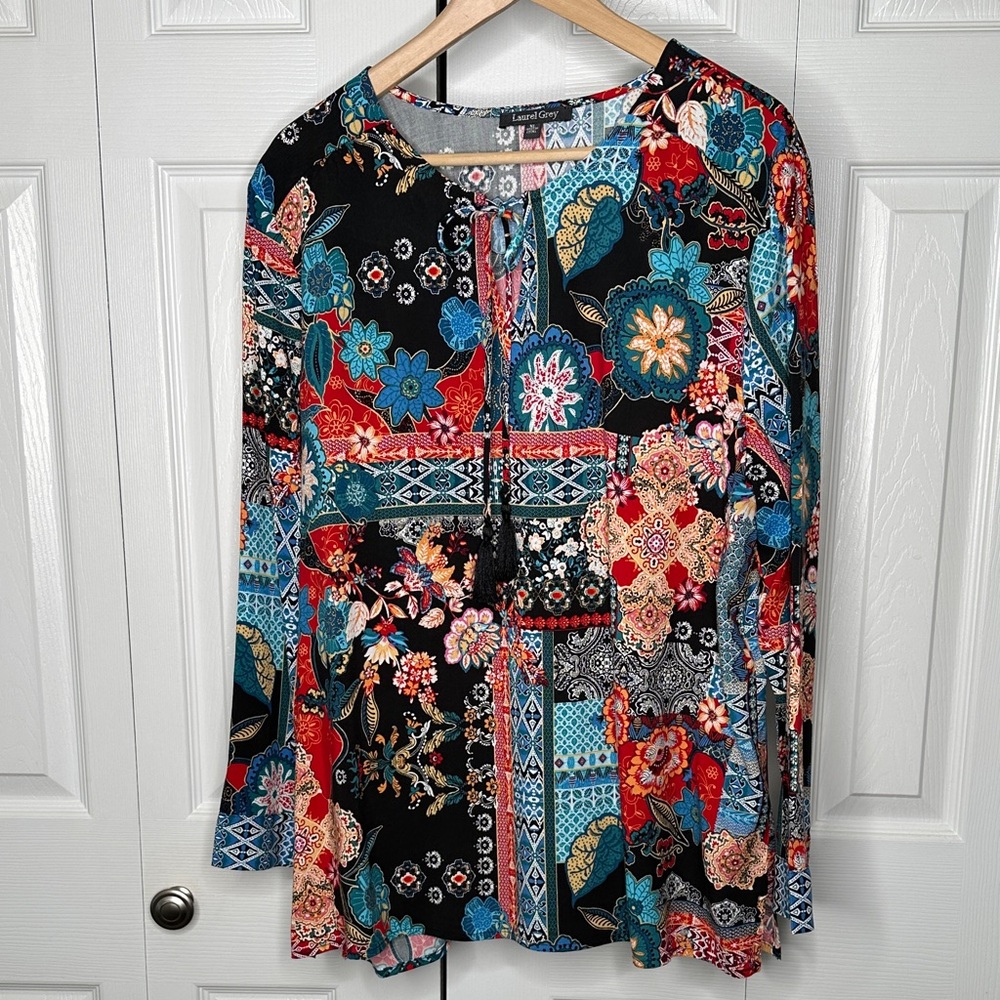 Boho Patchwork Floral Tunic Top - Black Multicolor